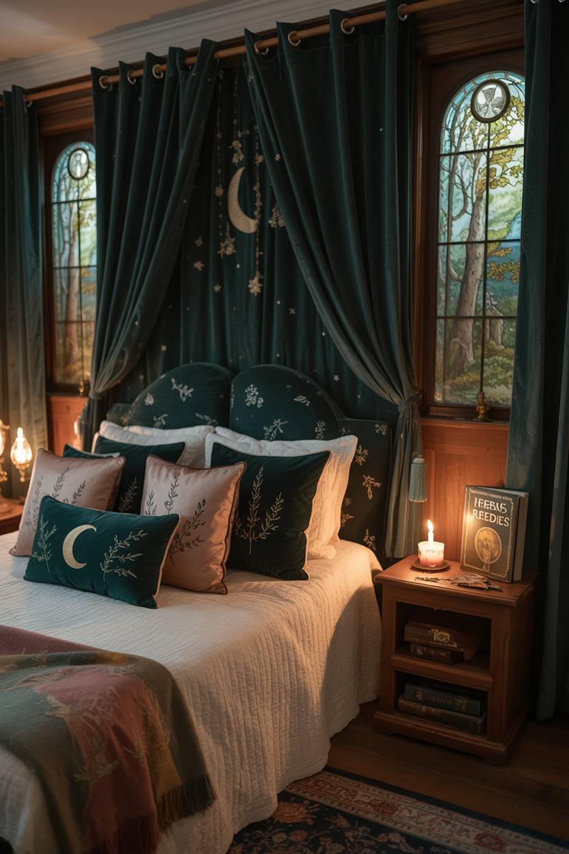 29 Witchy Bedroom Ideas to Create a Magical Sanctuary 15 A four-poster bed with emerald velvet curtains and mismatched celestial pillows, lit by stained-glass forest windows