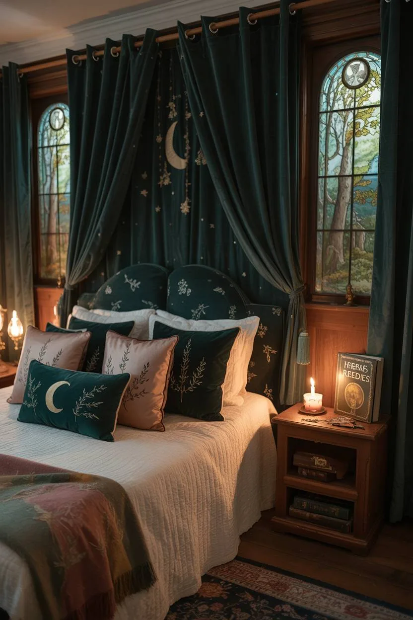 29 Witchy Bedroom Ideas to Create a Magical Sanctuary 15 A four-poster bed with emerald velvet curtains and mismatched celestial pillows, lit by stained-glass forest windows