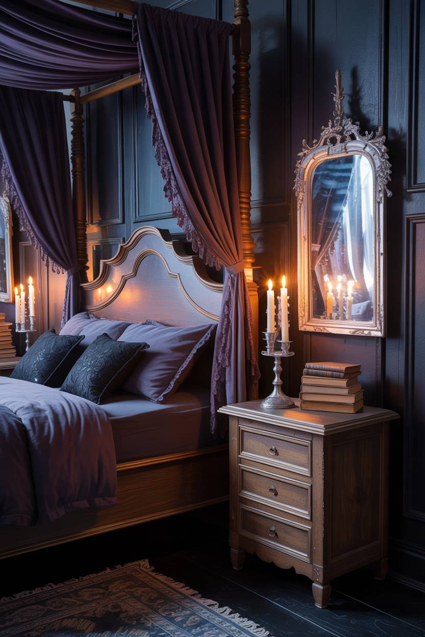 29 Witchy Bedroom Ideas to Create a Magical Sanctuary 16 A moody bedroom with purple velvet curtains, black lace pillows, and vintage candlestick creating old-world mystique