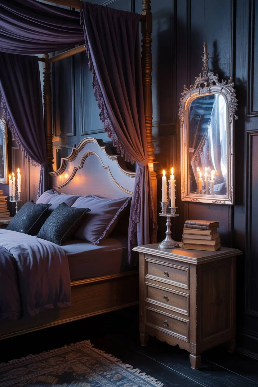 29 Witchy Bedroom Ideas to Create a Magical Sanctuary 16 A moody bedroom with purple velvet curtains, black lace pillows, and vintage candlestick creating old-world mystique