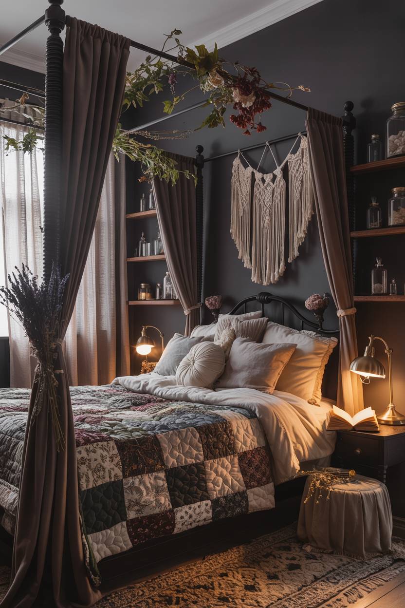 29 Witchy Bedroom Ideas to Create a Magical Sanctuary 17 A four-poster bed with velvet curtains and patchwork quilt, surrounded by macrame hangings and antique apothecary jars