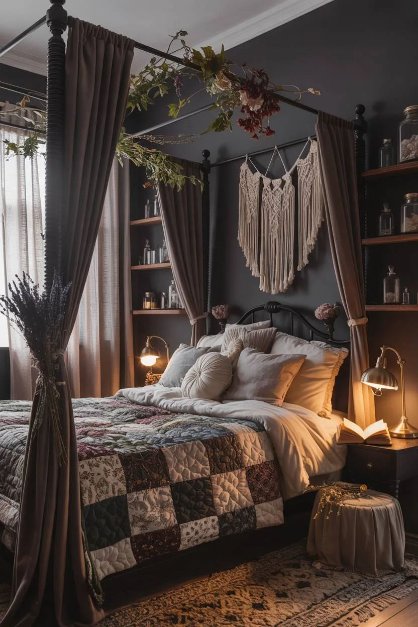 29 Witchy Bedroom Ideas to Create a Magical Sanctuary 17 A four-poster bed with velvet curtains and patchwork quilt, surrounded by macrame hangings and antique apothecary jars