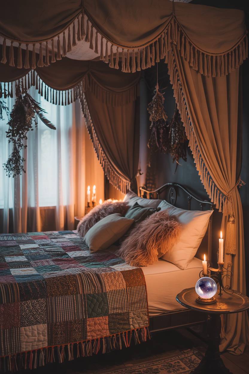 29 Witchy Bedroom Ideas to Create a Magical Sanctuary 18 A four-poster bed with tasseled velvet curtains and crystal ball on antique table, with herbs and feathers hanging overhead