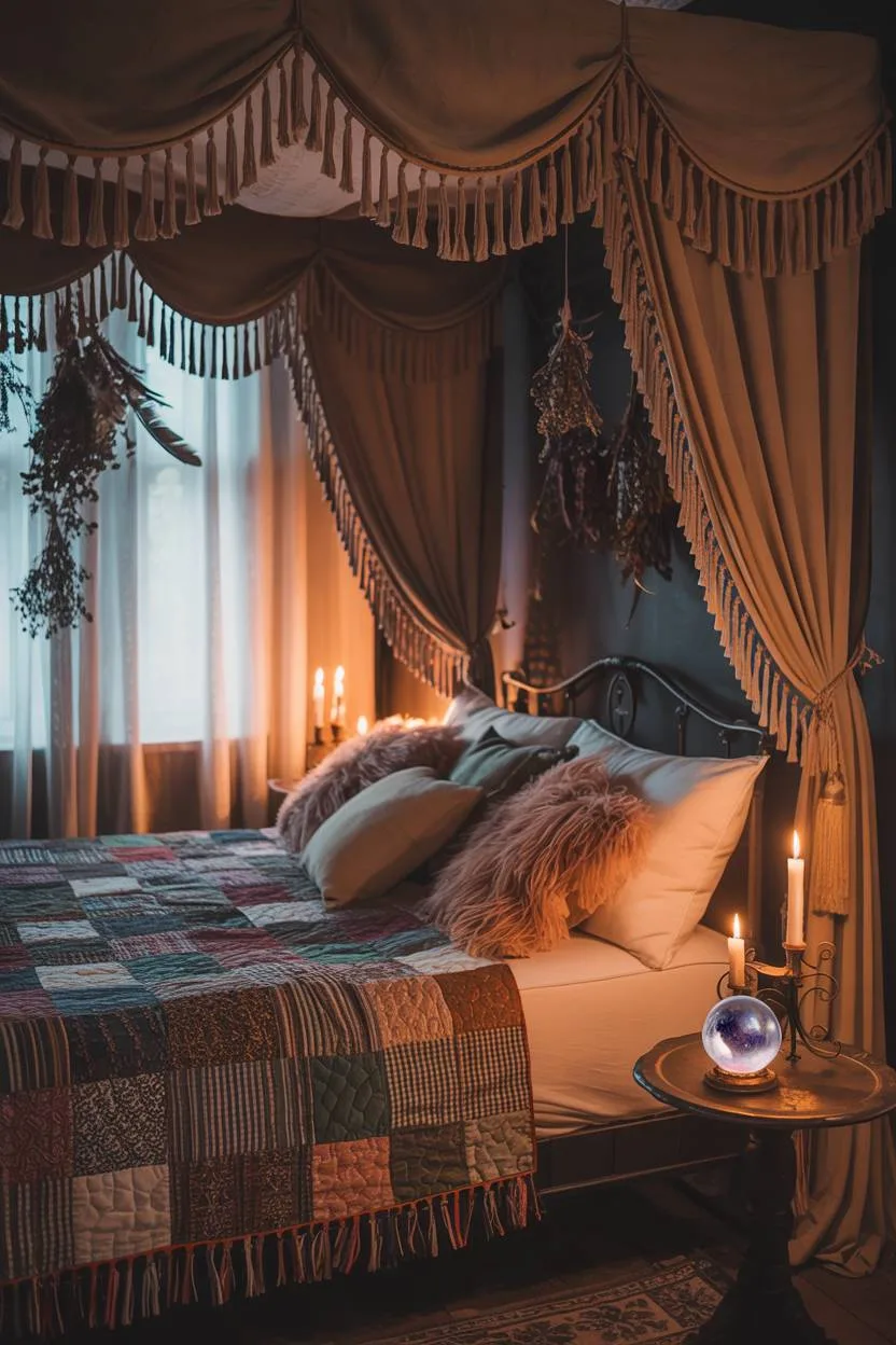 29 Witchy Bedroom Ideas to Create a Magical Sanctuary 18 A four-poster bed with tasseled velvet curtains and crystal ball on antique table, with herbs and feathers hanging overhead