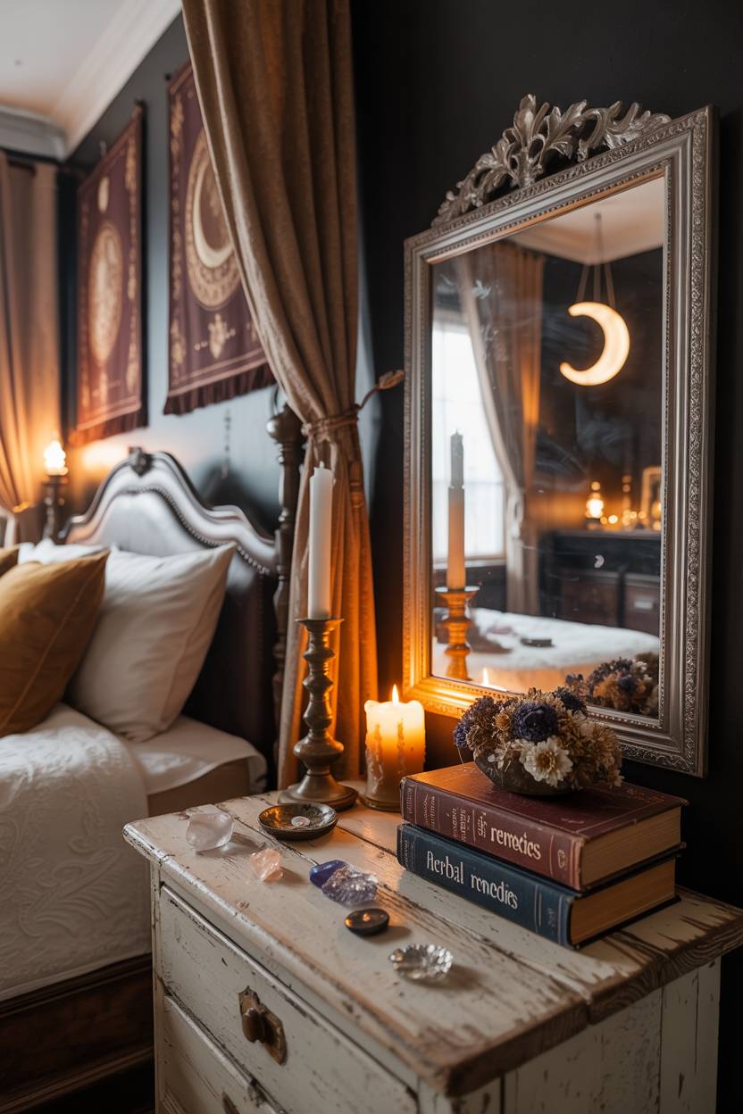 29 Witchy Bedroom Ideas to Create a Magical Sanctuary 19 A vintage four-poster bed with ornate mirror and weathered nightstand, illuminated by crescent moon through window