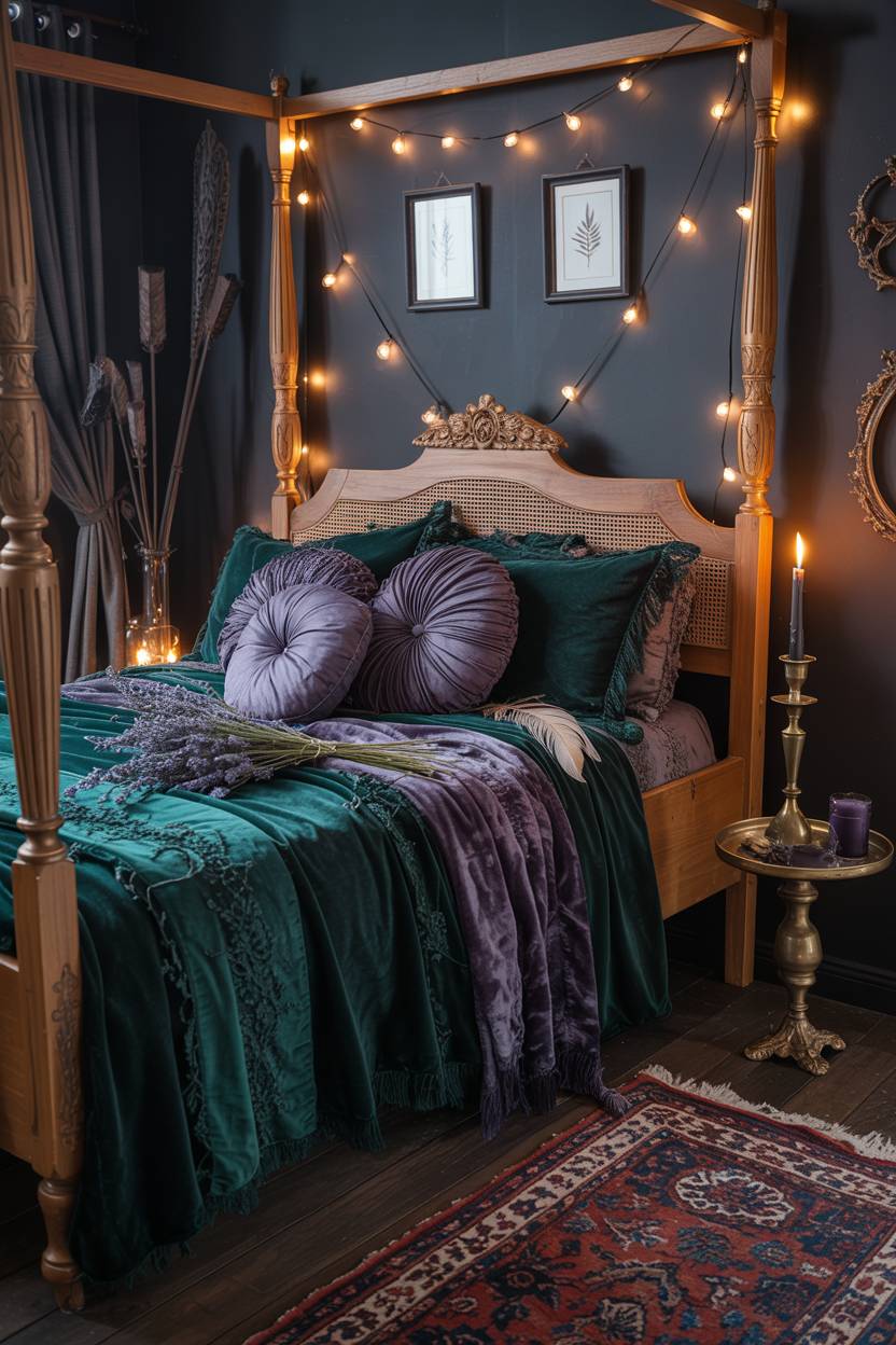 29 Witchy Bedroom Ideas to Create a Magical Sanctuary 20 A four-poster bed layered with emerald, sapphire, and amethyst velvet and lace, featuring Persian rug and botanical prints