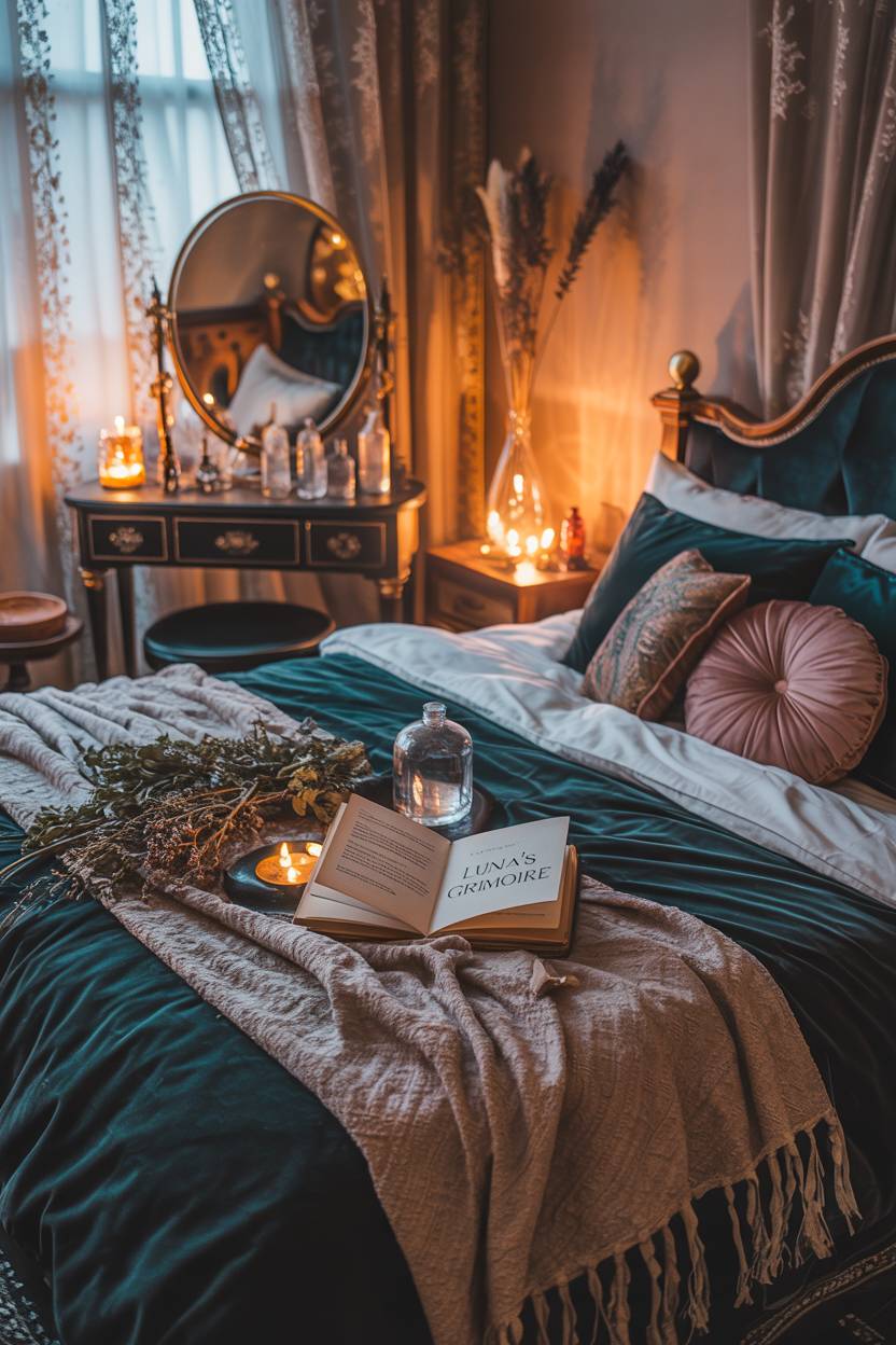 29 Witchy Bedroom Ideas to Create a Magical Sanctuary 21 A king-sized bed with dark teal velvet bedspread, vintage vanity with crystal bottles, and embroidered curtain shadows
