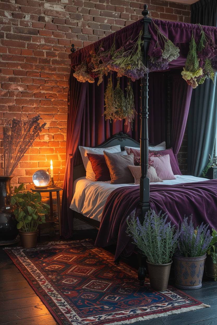 29 Witchy Bedroom Ideas to Create a Magical Sanctuary 22 A four-poster bed with purple velvet curtains and crystal ball, set on patterned Persian rug with scattered herbs
