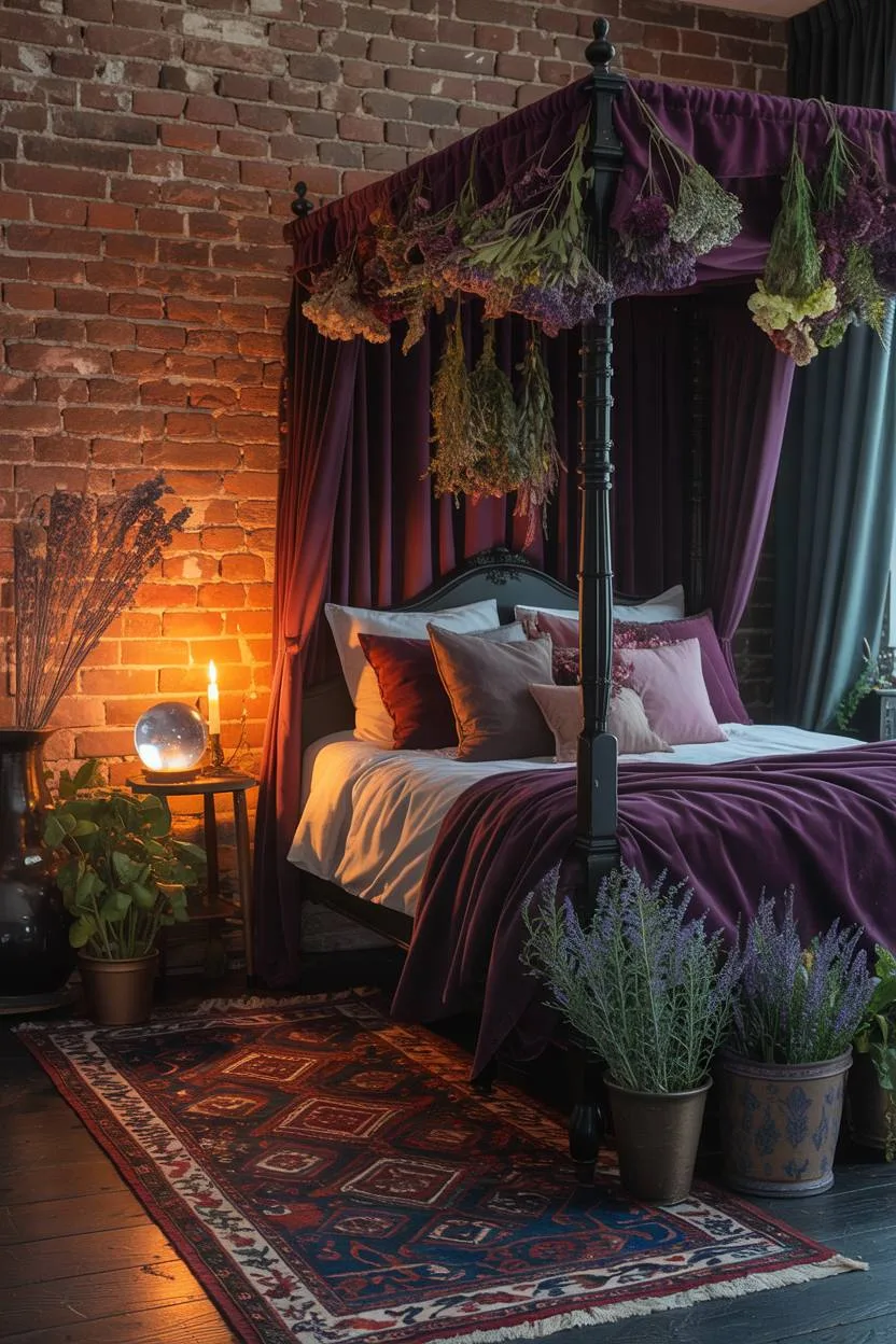 29 Witchy Bedroom Ideas to Create a Magical Sanctuary 22 A four-poster bed with purple velvet curtains and crystal ball, set on patterned Persian rug with scattered herbs