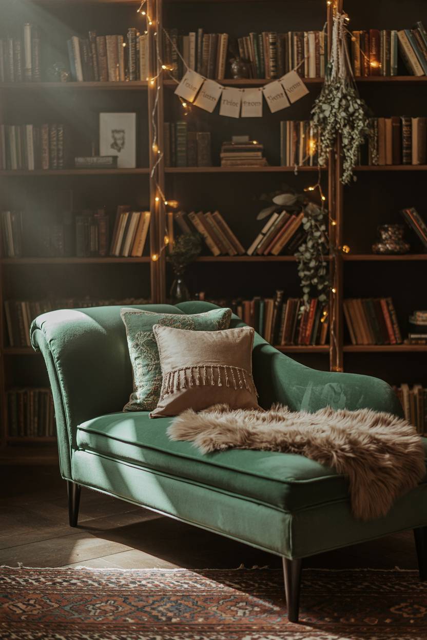 29 Witchy Bedroom Ideas to Create a Magical Sanctuary 23 A deep emerald chaise lounge with embroidered pillows facing a vintage bookshelf with fairy lights and dried herbs