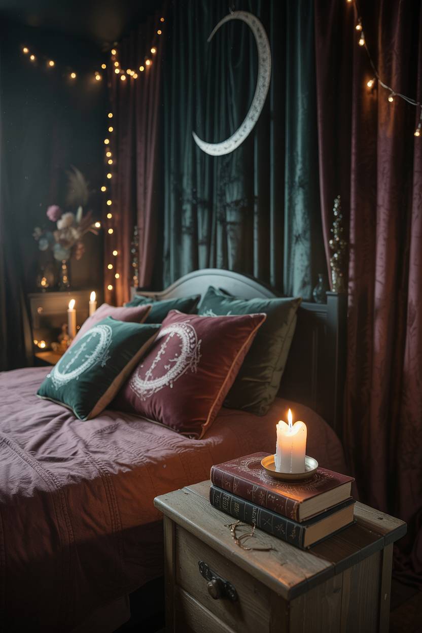 29 Witchy Bedroom Ideas to Create a Magical Sanctuary 24 A four-poster bed with burgundy and forest green velvet curtains, celestial pillows, and crescent moon pendant