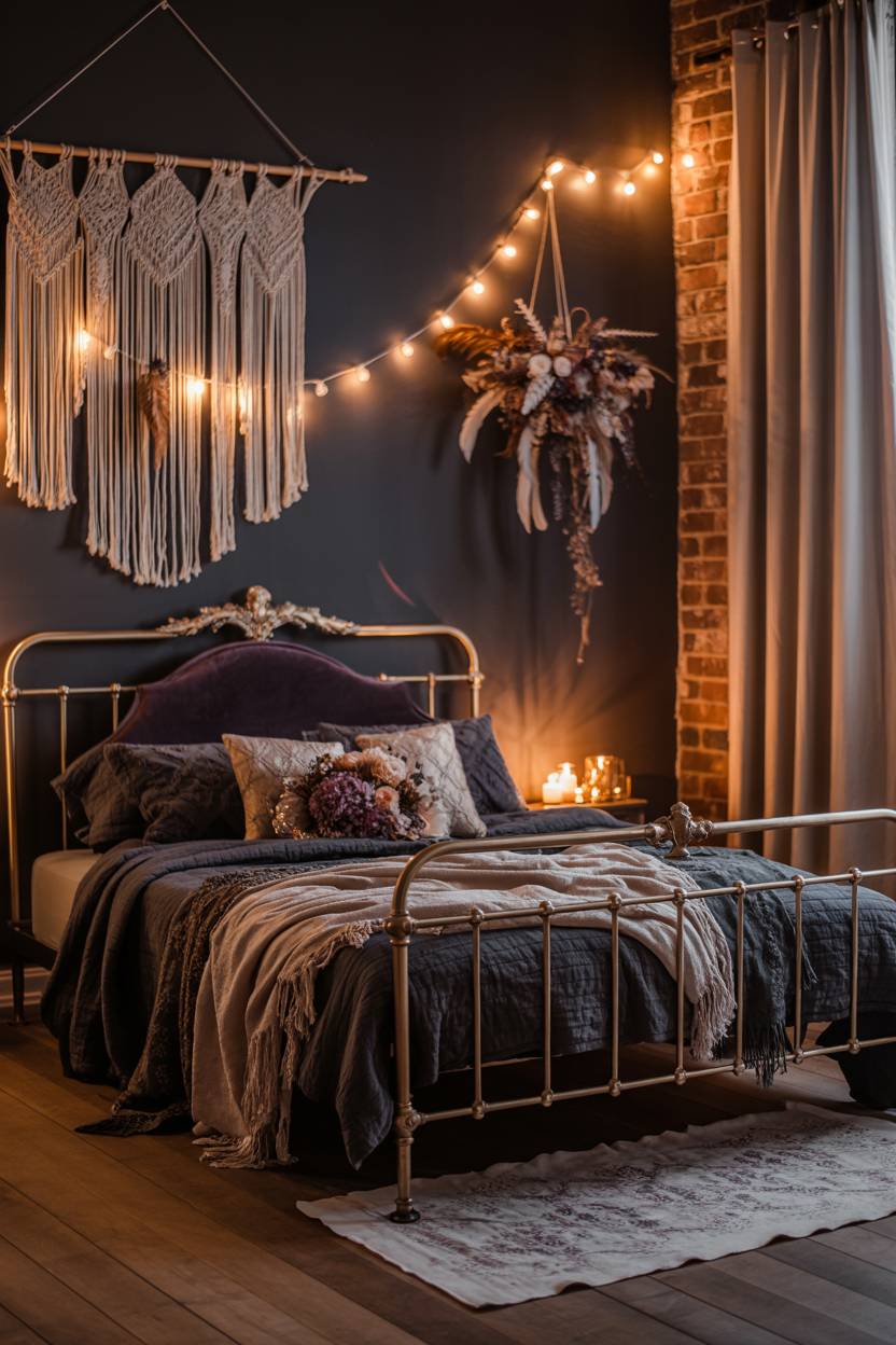 29 Witchy Bedroom Ideas to Create a Magical Sanctuary 25 A brass bed with purple velvet headboard, macrame wall tapestry with hanging plants, and exposed brick walls