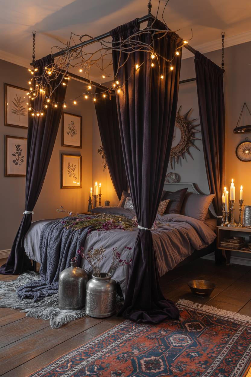29 Witchy Bedroom Ideas to Create a Magical Sanctuary 26 A four-poster bed with purple velvet curtains and silver trinkets, featuring botanical print gallery wall and macrame plants