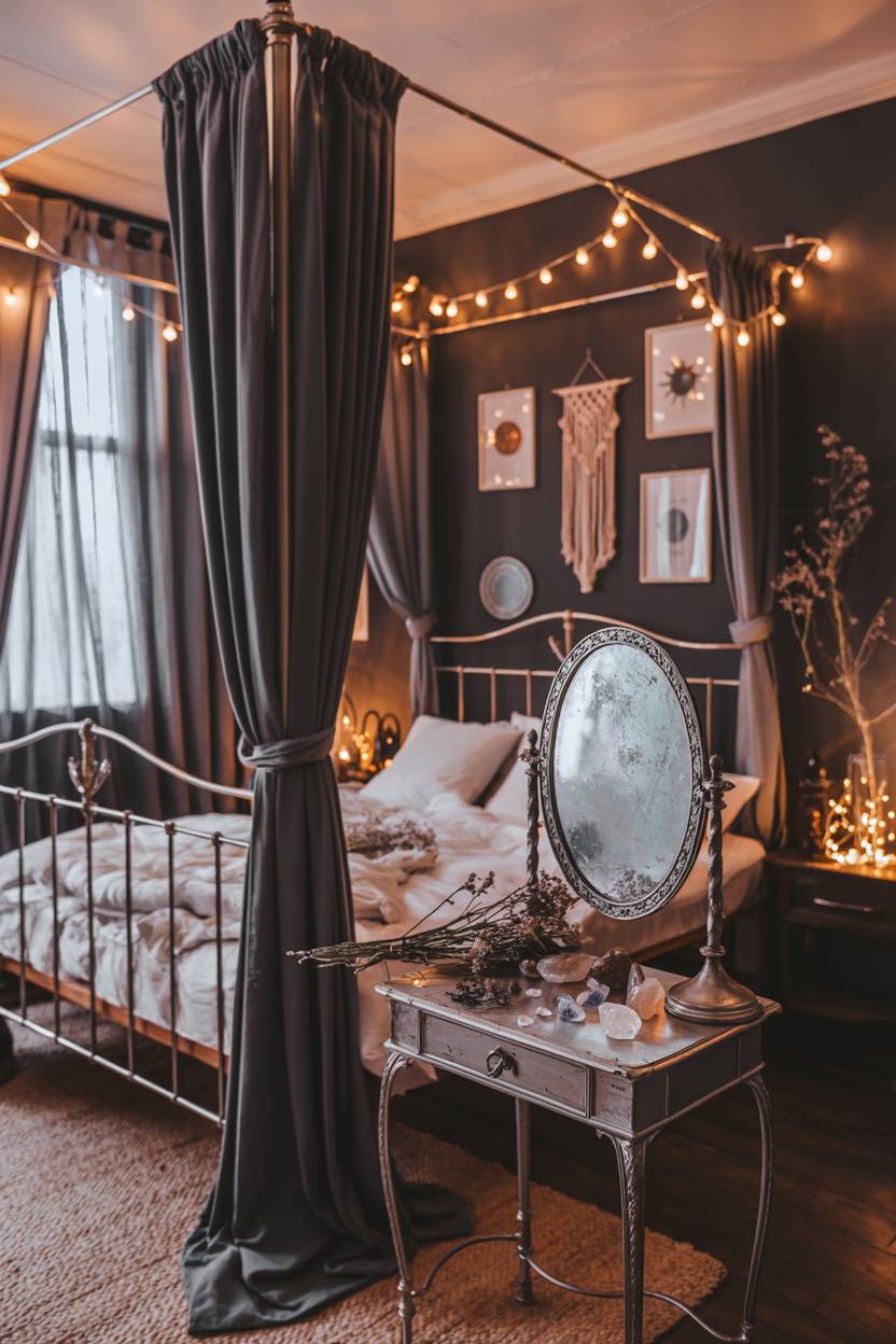 29 Witchy Bedroom Ideas to Create a Magical Sanctuary 27 A wrought-iron four-poster bed with vintage vanity, crystal displays, and celestial-themed macrame wall hangings