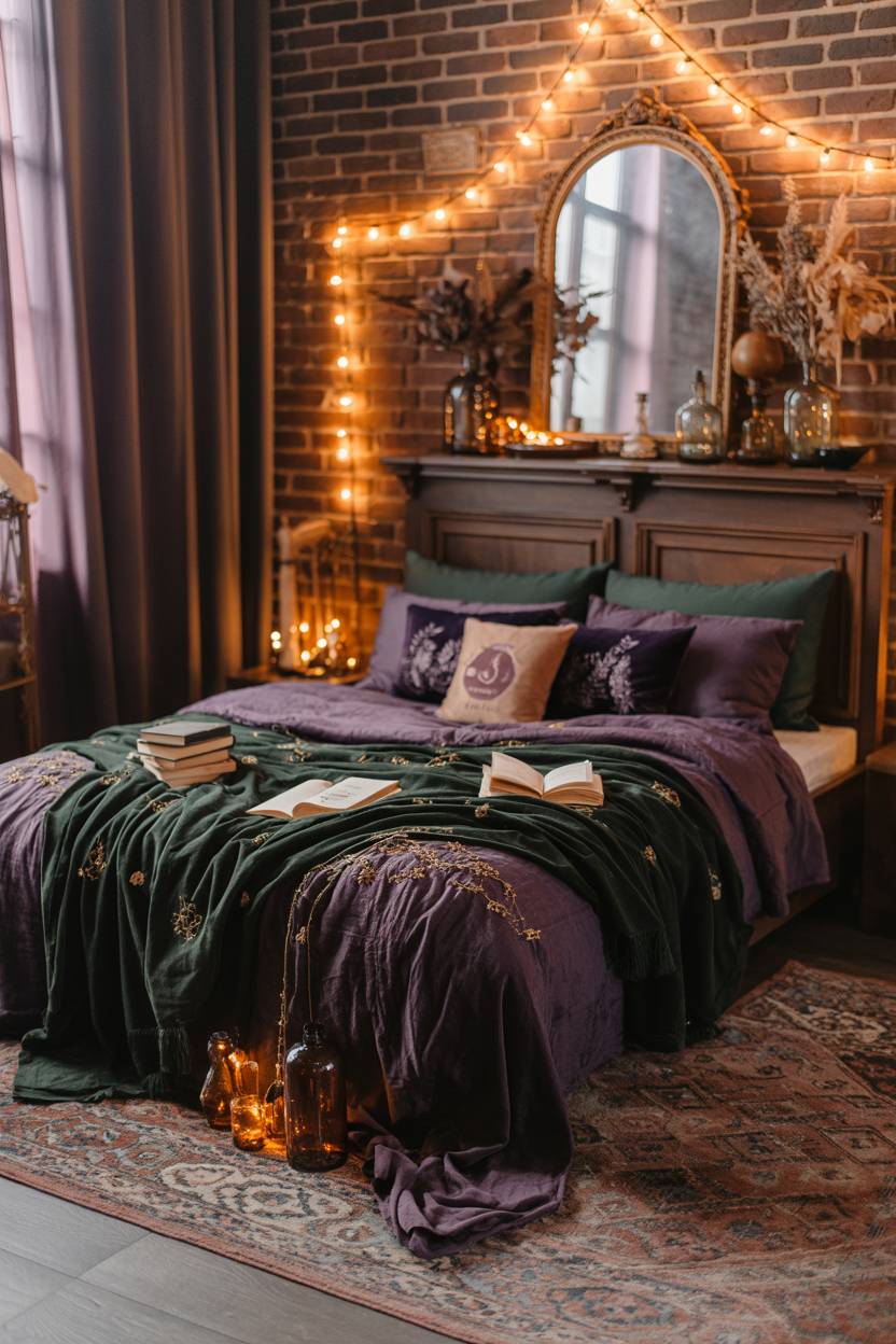 29 Witchy Bedroom Ideas to Create a Magical Sanctuary 28 A vintage wooden bed with purple and green velvet layers, exposed brick wall, and ornate mirror with dried flowers