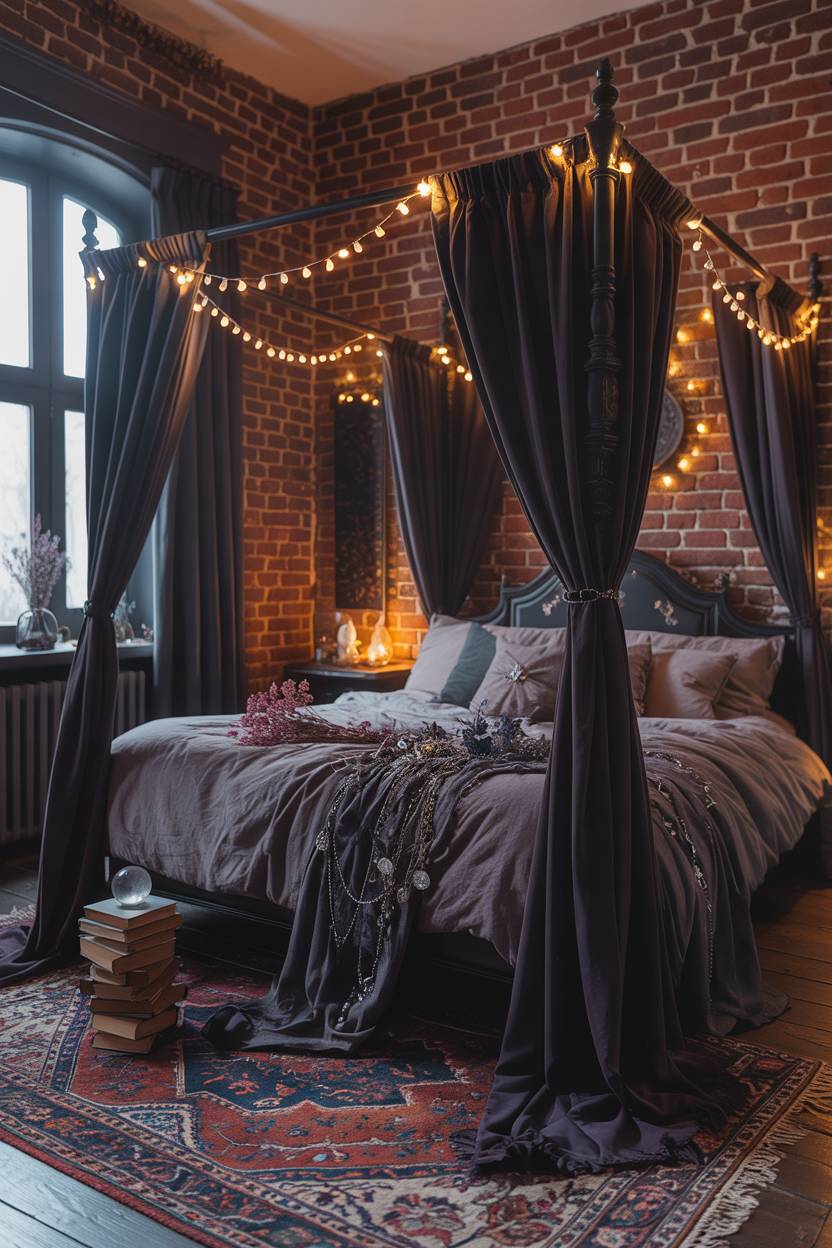 29 Witchy Bedroom Ideas to Create a Magical Sanctuary 29 A four-poster bed with purple velvet curtains and vintage Persian rug, illuminated by delicate ceiling fairy lights