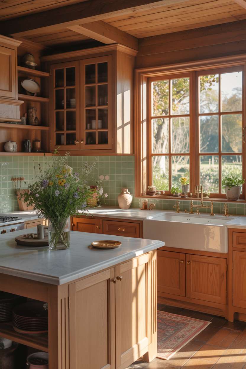 Cozy wooden kitchen with light oak cabinets, brass hardware, farmhouse sink, and marble island overlooking a lush garden