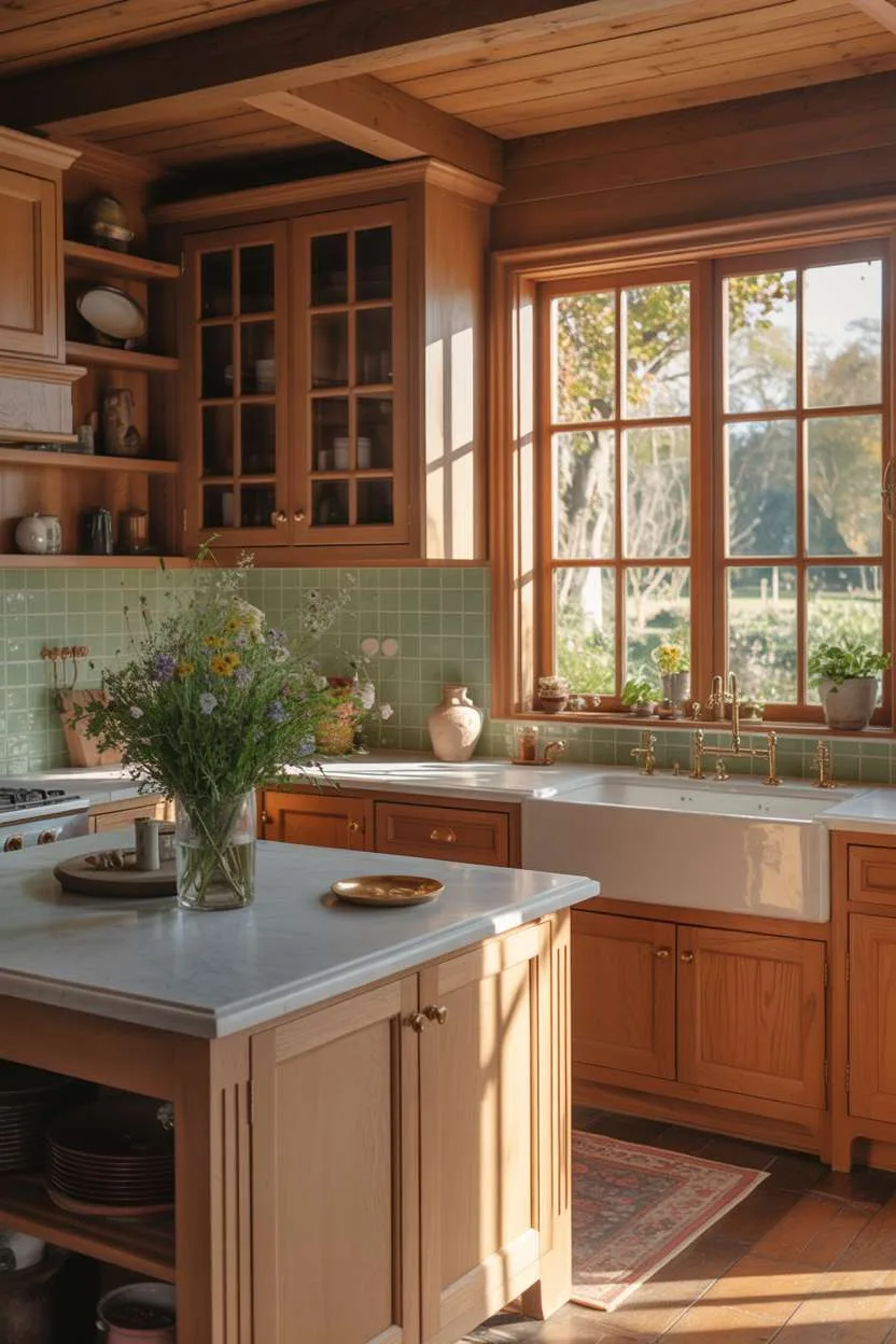 25 Timeless Wood Kitchen Ideas to Elevate Everyday Living 1 Cozy wooden kitchen with light oak cabinets, brass hardware, farmhouse sink, and marble island overlooking a lush garden