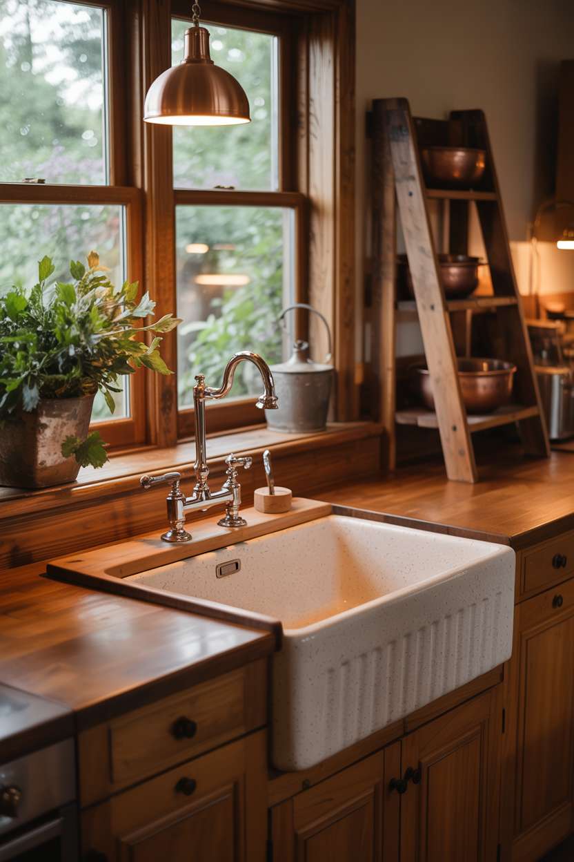 Farmhouse-style wooden kitchen featuring speckled white porcelain sink, copper pendant light, and antique ladder pot rack