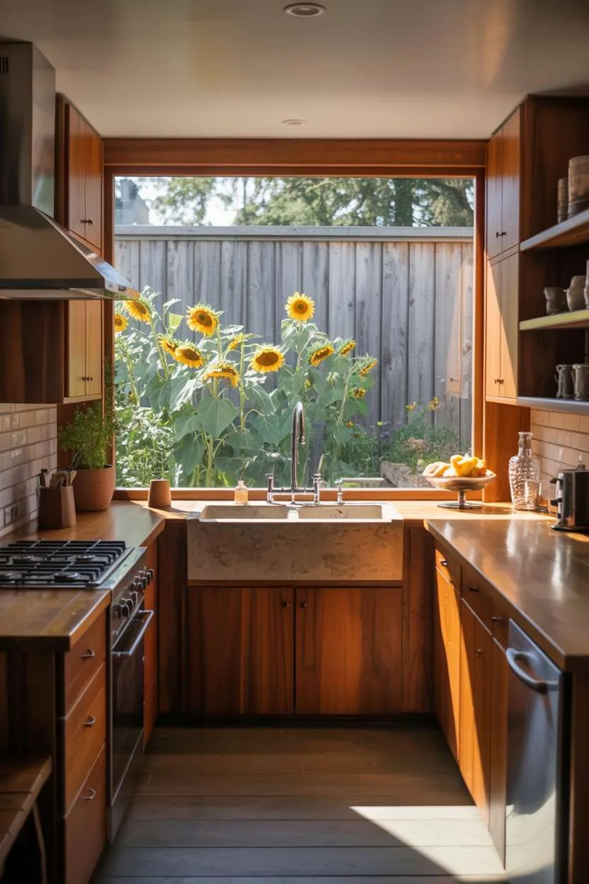25 Timeless Wood Kitchen Ideas to Elevate Everyday Living 3 Modern wooden kitchen with warm-toned cabinets, stainless steel appliances, and window view of blooming sunflowers