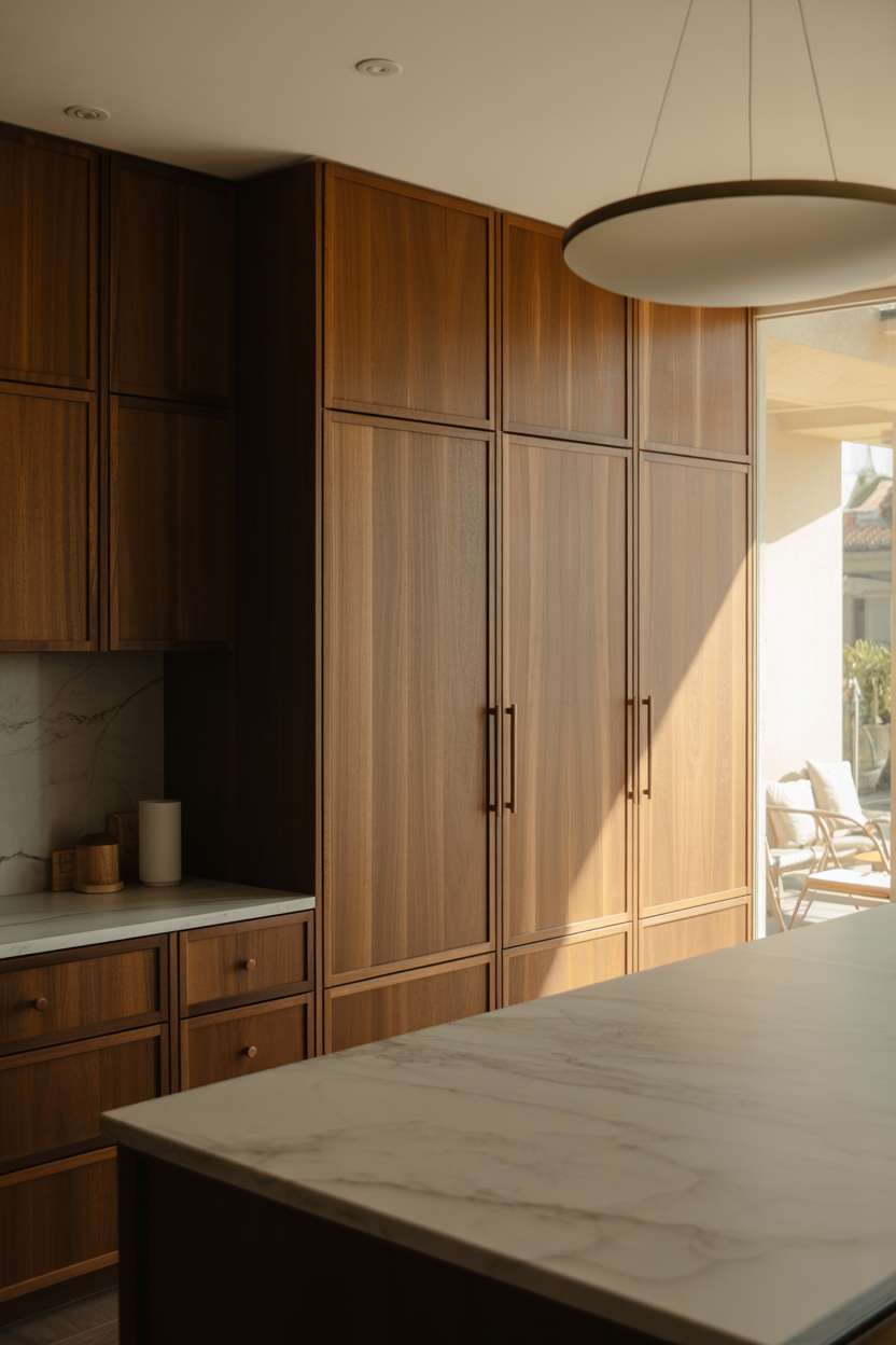 Modern walnut kitchen featuring sleek cabinetry, brushed bronze hardware, and pale grey marble island