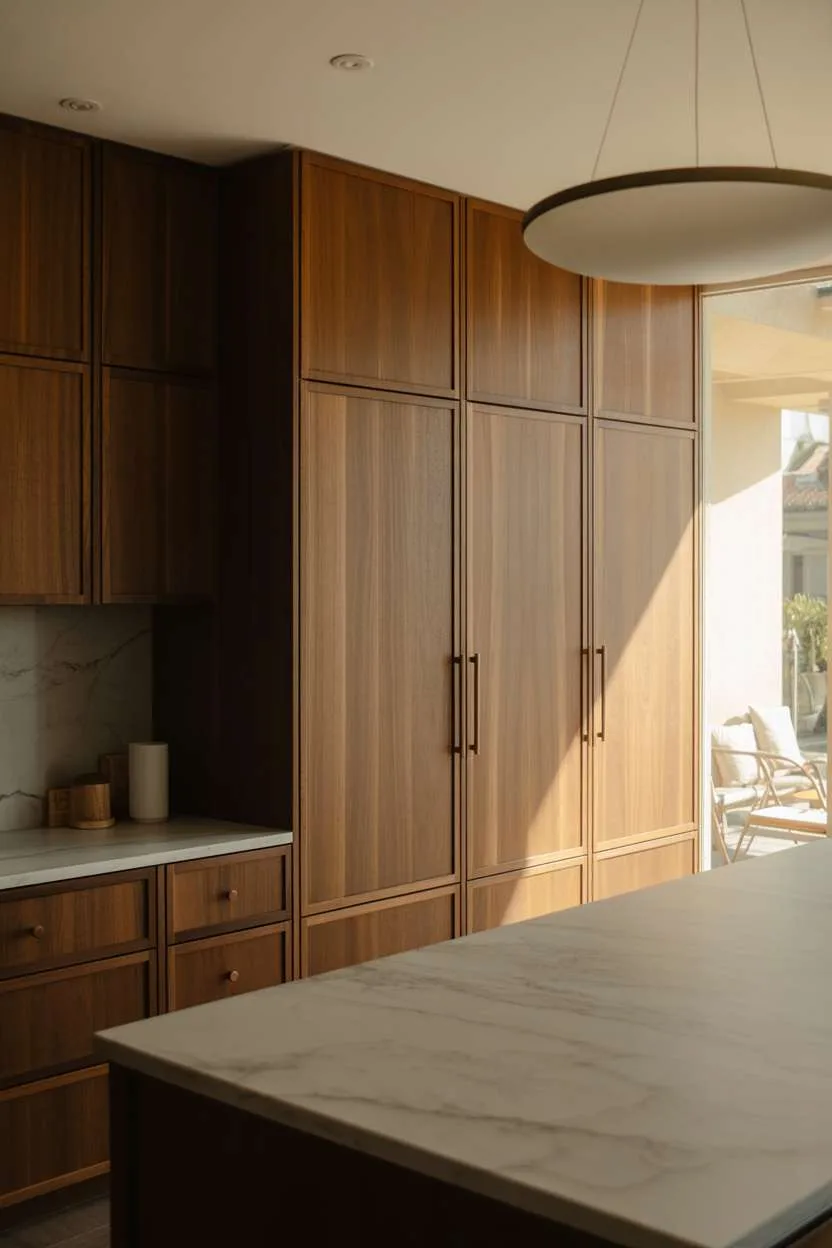 25 Timeless Wood Kitchen Ideas to Elevate Everyday Living 4 Modern walnut kitchen featuring sleek cabinetry, brushed bronze hardware, and pale grey marble island