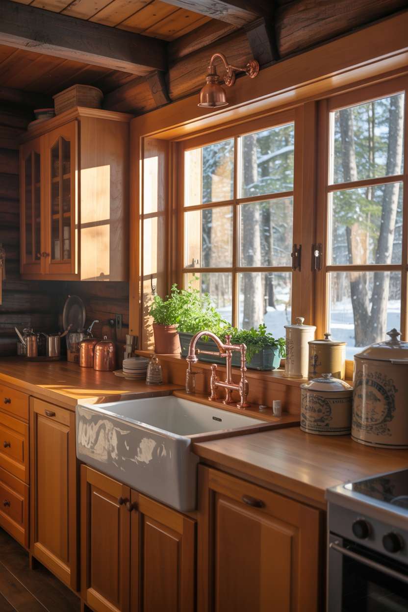 Rustic timber-framed cabin kitchen with honey-toned wooden cabinets, copper hardware, and snow-dusted forest view