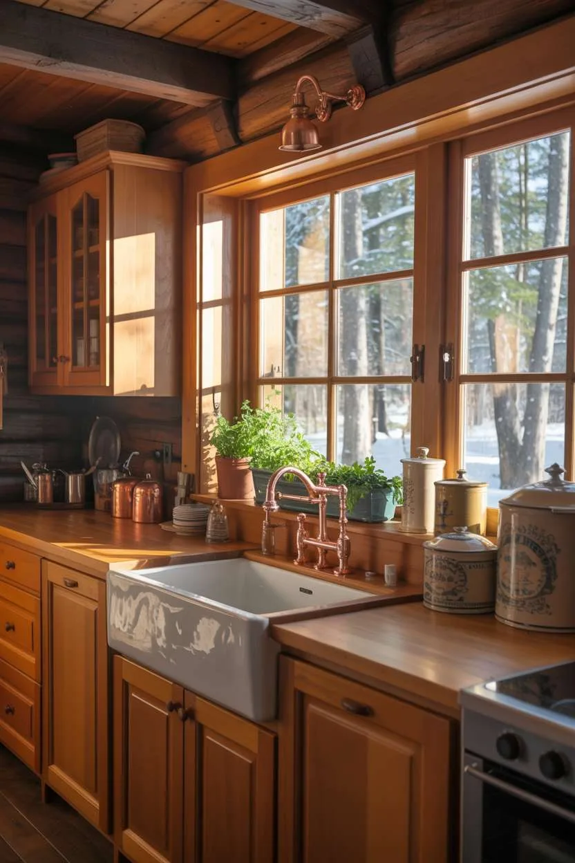 25 Timeless Wood Kitchen Ideas to Elevate Everyday Living 5 Rustic timber-framed cabin kitchen with honey-toned wooden cabinets, copper hardware, and snow-dusted forest view