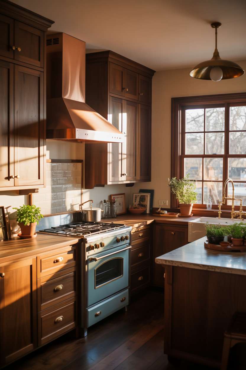 25 Timeless Wood Kitchen Ideas to Elevate Everyday Living 6 Stylish dark walnut kitchen with brass hardware, vintage gas range, copper hood, and herb-filled terracotta pots