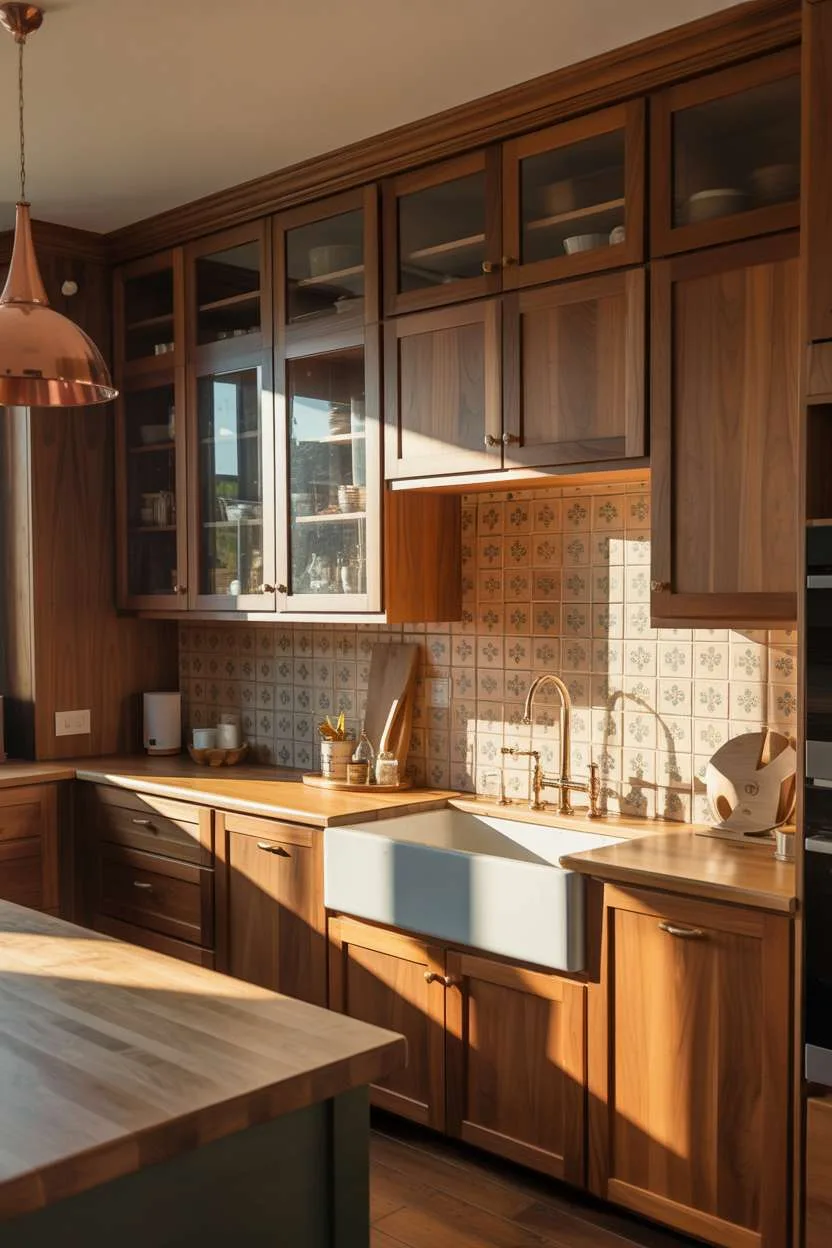 25 Timeless Wood Kitchen Ideas to Elevate Everyday Living 7 Cozy walnut kitchen featuring patterned ceramic tile backsplash, copper pendant light, and butcher block island
