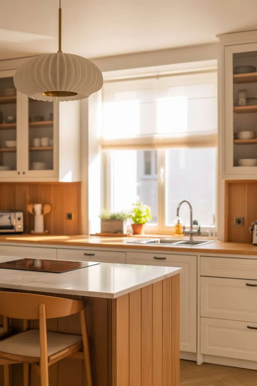 25 Timeless Wood Kitchen Ideas to Elevate Everyday Living 8 Minimalist kitchen with white cabinetry, light wood island, marble countertop, and potted herbs on windowsill
