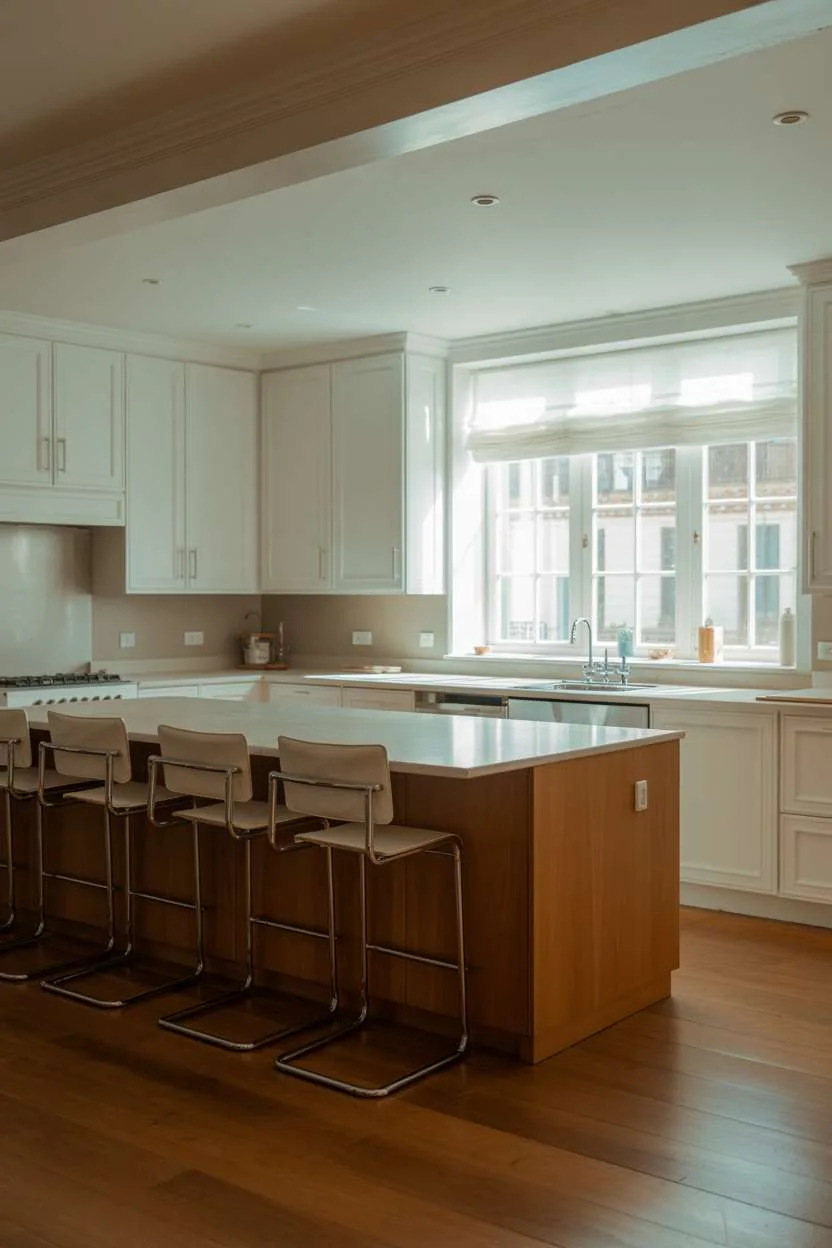 25 Timeless Wood Kitchen Ideas to Elevate Everyday Living 9 Modern kitchen with white cabinets, wood flooring, quartz island countertop, and chrome bar stools