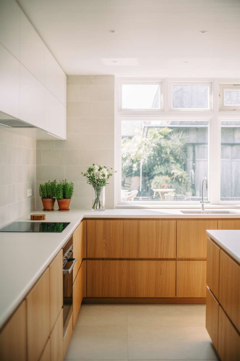 Minimalist kitchen with light oak handleless cabinets, white quartz countertops, and large-format white tile backsplash