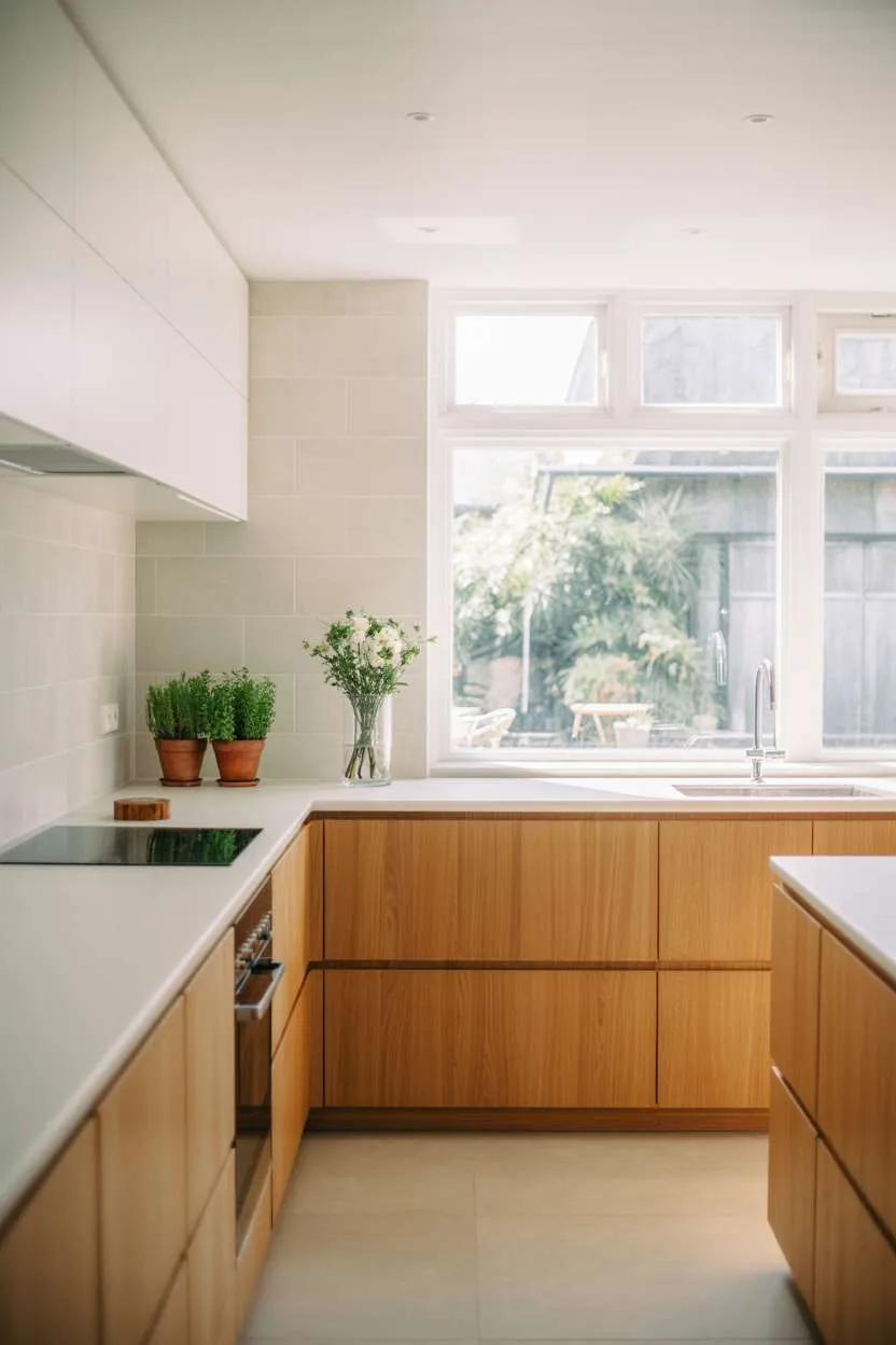 25 Timeless Wood Kitchen Ideas to Elevate Everyday Living 10 Minimalist kitchen with light oak handleless cabinets, white quartz countertops, and large-format white tile backsplash