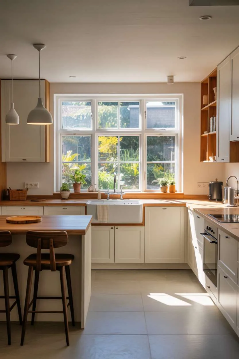 25 Timeless Wood Kitchen Ideas to Elevate Everyday Living 11 Contemporary kitchen with white cabinets, wood countertops, farmhouse sink, and pendant lights over the island