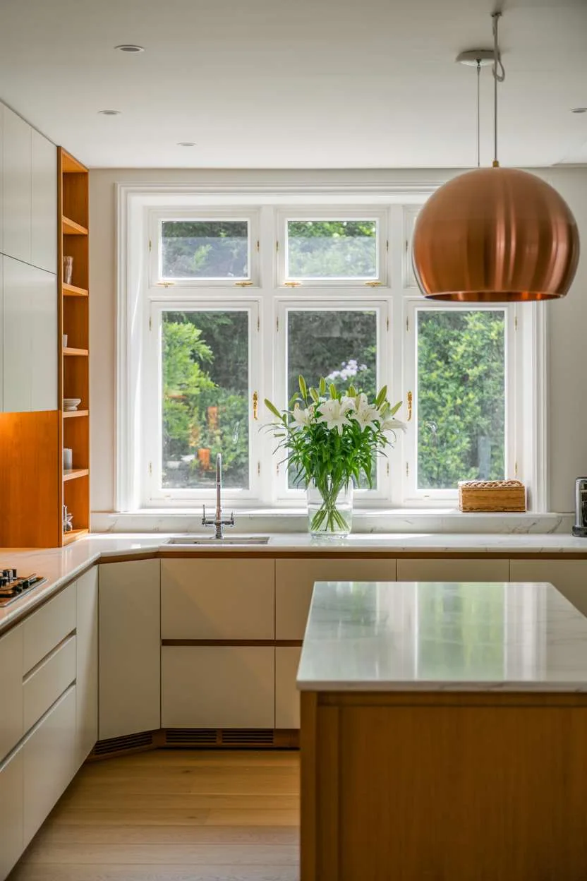 25 Timeless Wood Kitchen Ideas to Elevate Everyday Living 12 Bright modern kitchen with white cabinets, wooden accents, marble island, copper pendant, and white lilies