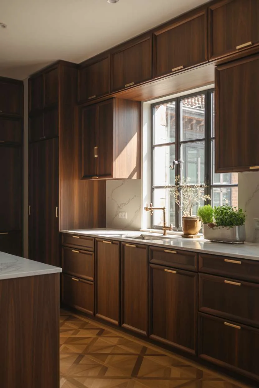 25 Timeless Wood Kitchen Ideas to Elevate Everyday Living 13 Elegant dark walnut kitchen with custom cabinetry, brushed gold hardware, marble countertops, and geometric flooring