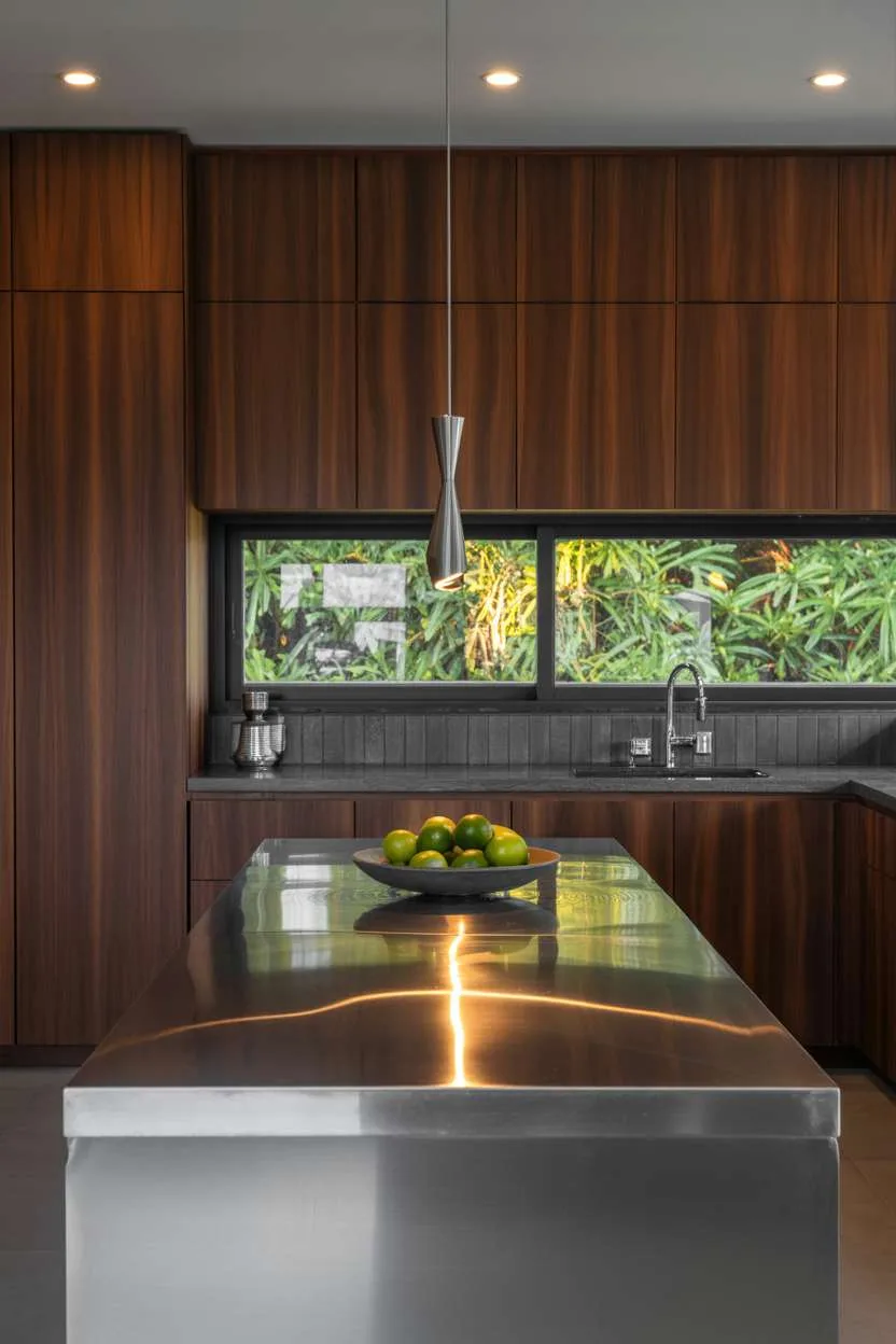 25 Timeless Wood Kitchen Ideas to Elevate Everyday Living 14 Sleek modern kitchen with dark walnut cabinets, stainless steel waterfall island, and grey tile backsplash