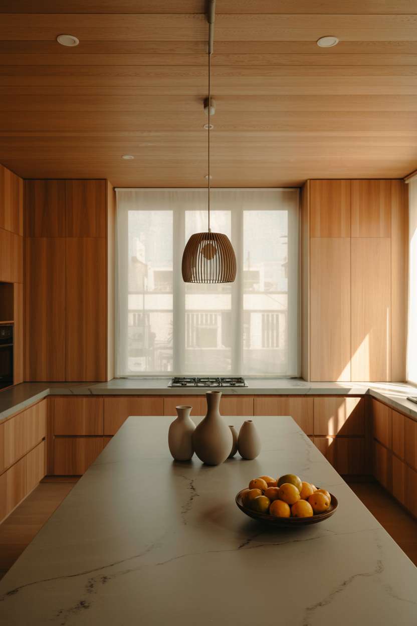 Modern light oak kitchen with minimalist cabinets, grey marble countertops, woven pendant light, and ceramic accessories