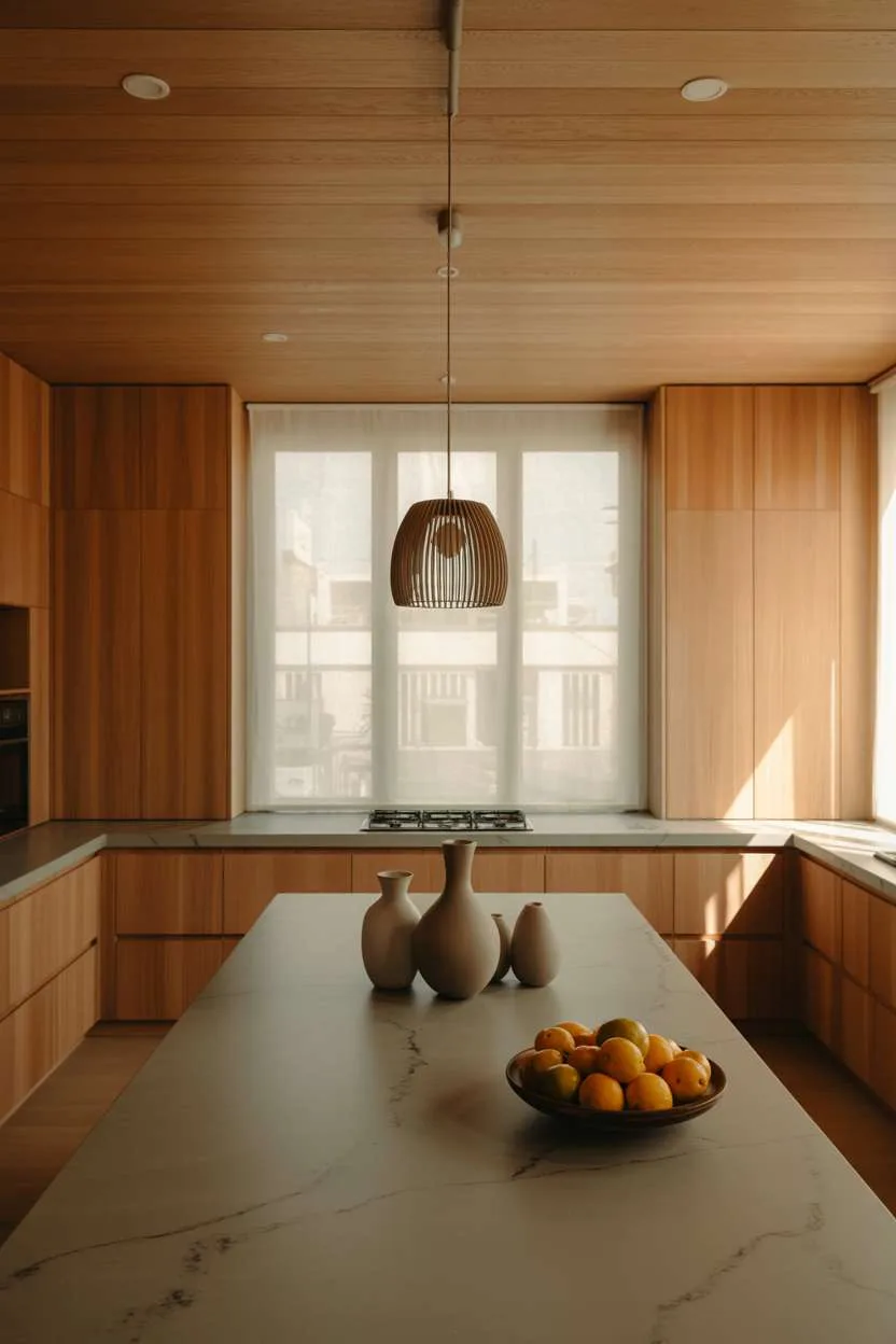 25 Timeless Wood Kitchen Ideas to Elevate Everyday Living 15 Modern light oak kitchen with minimalist cabinets, grey marble countertops, woven pendant light, and ceramic accessories