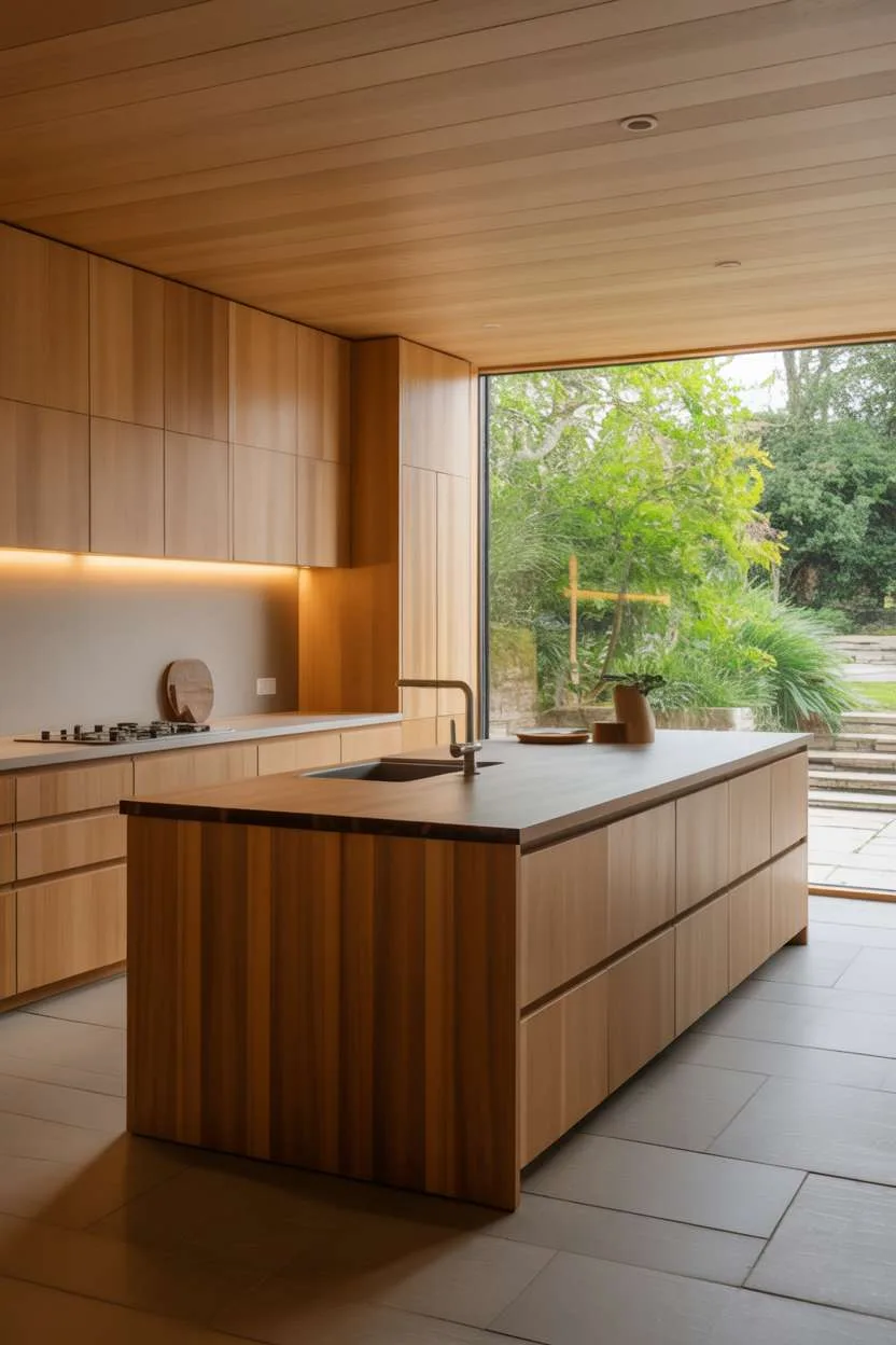 25 Timeless Wood Kitchen Ideas to Elevate Everyday Living 16 Minimalist kitchen with light ash wood cabinets, butcher block island countertop, and garden views