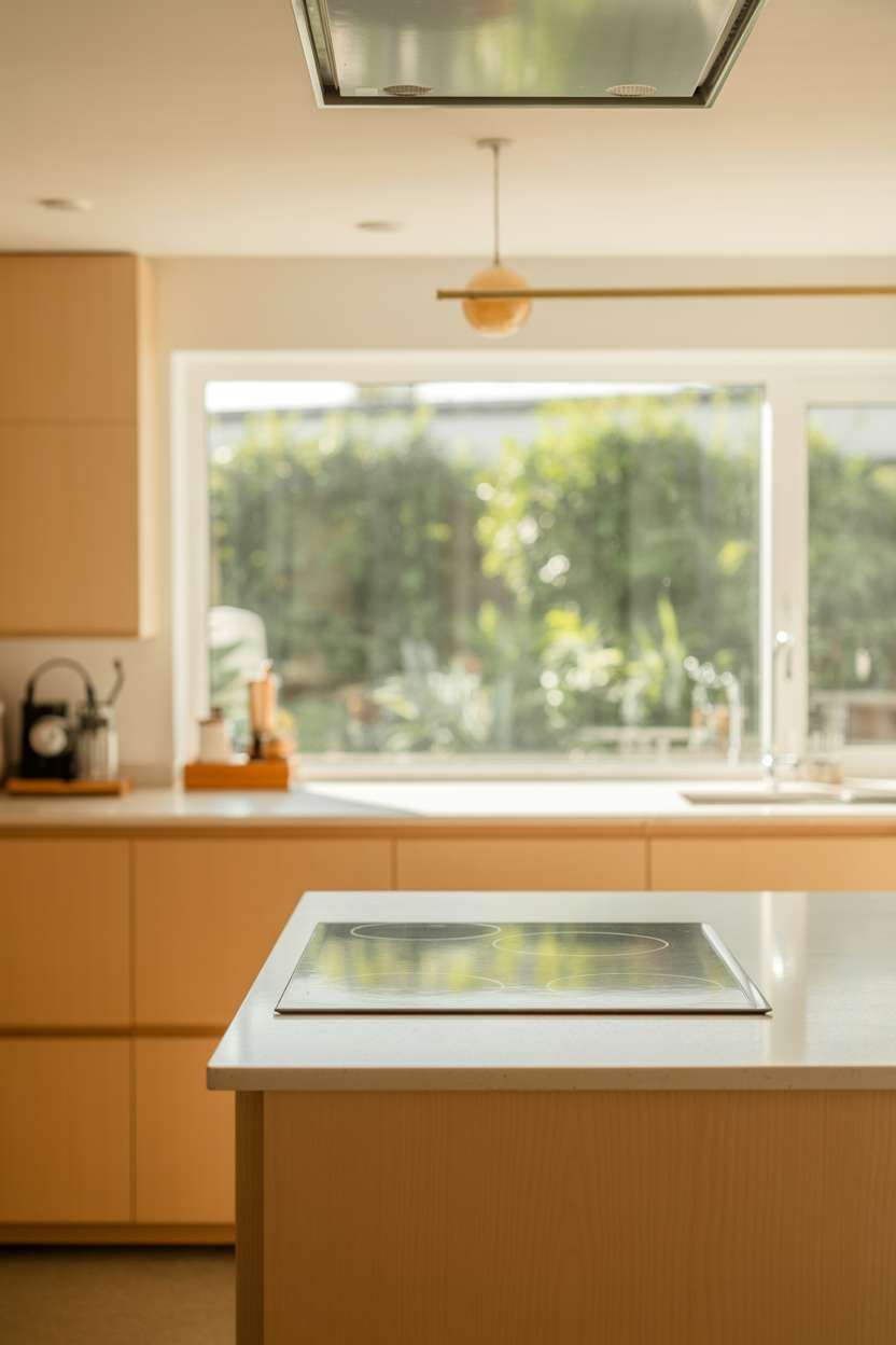 Modern pale birch kitchen with handleless cabinets, white quartz island, built-in cooktop, and garden views