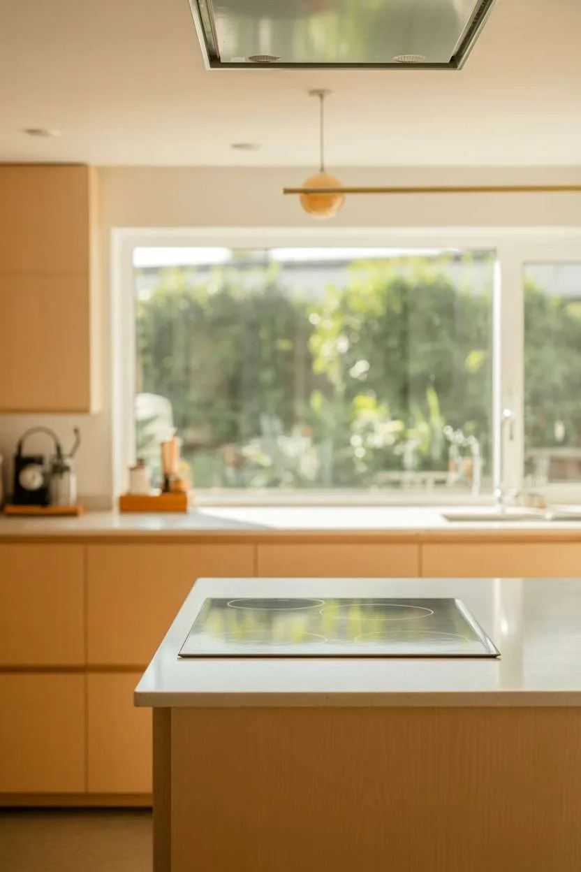25 Timeless Wood Kitchen Ideas to Elevate Everyday Living 17 Modern pale birch kitchen with handleless cabinets, white quartz island, built-in cooktop, and garden views