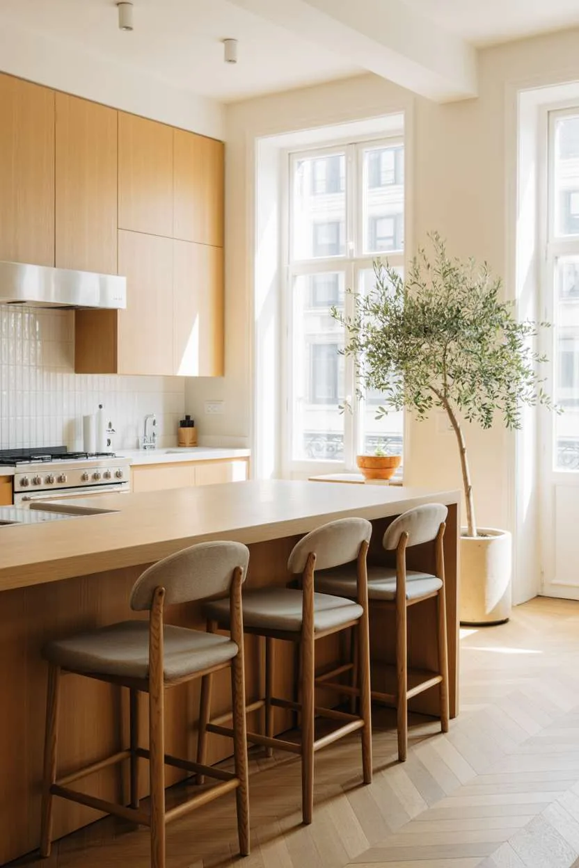 25 Timeless Wood Kitchen Ideas to Elevate Everyday Living 18 Bright modern kitchen with light oak cabinets, grey fabric bar stools, white tile backsplash, and potted olive tree