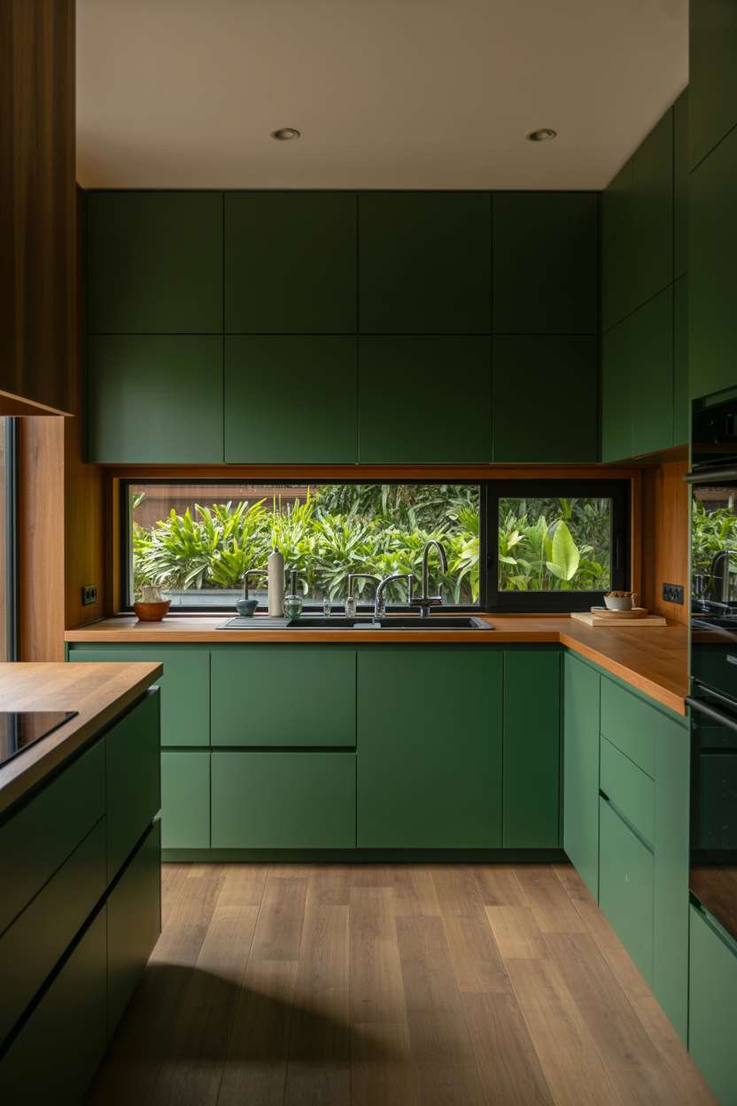 Modern kitchen with deep forest green cabinets, wooden countertops, light oak flooring, and garden window view