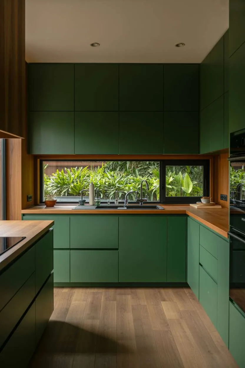 25 Timeless Wood Kitchen Ideas to Elevate Everyday Living 19 Modern kitchen with deep forest green cabinets, wooden countertops, light oak flooring, and garden window view