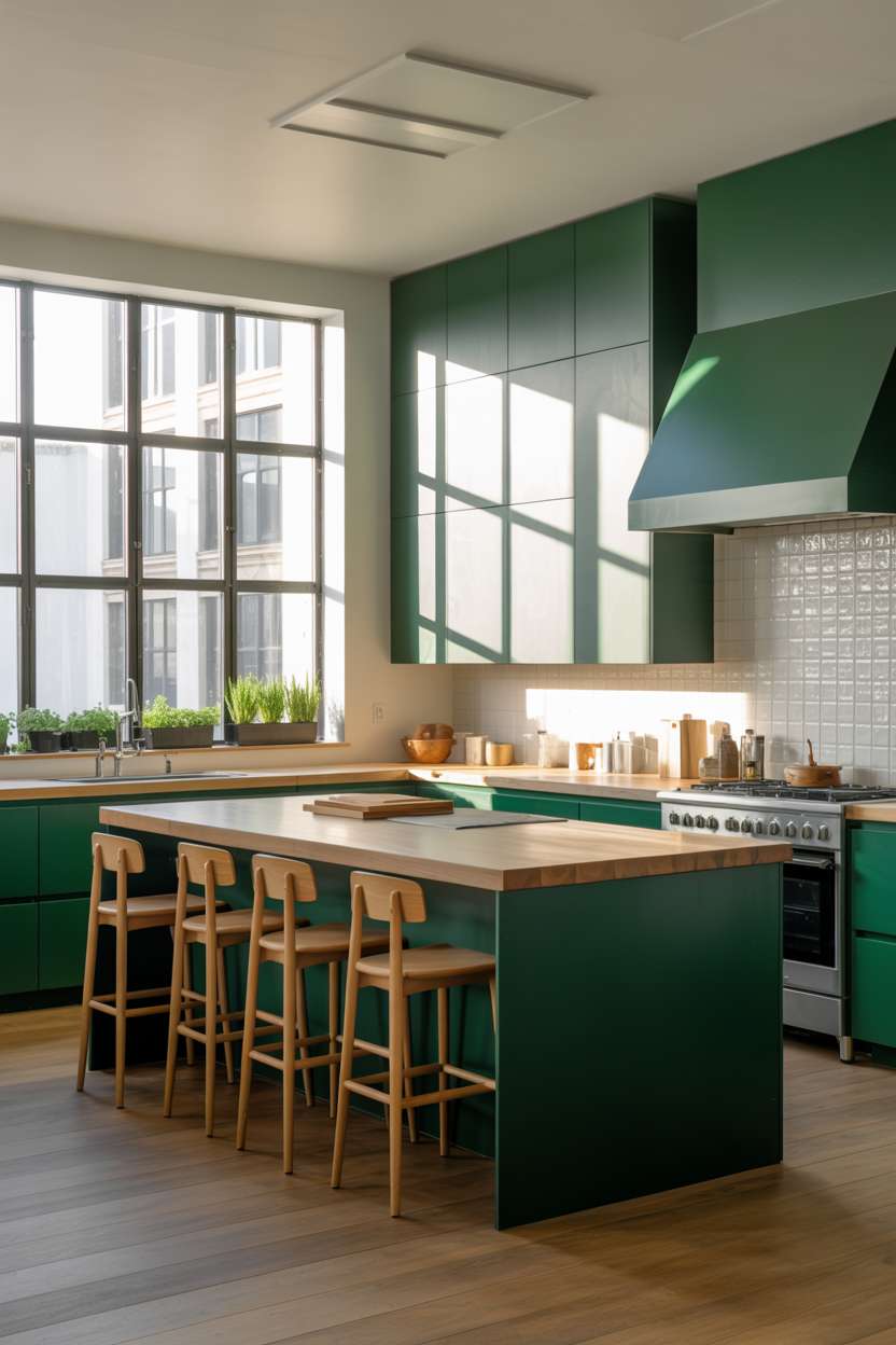 Spacious modern kitchen with emerald green cabinets, wood countertops, center island, and herb-filled windowsill