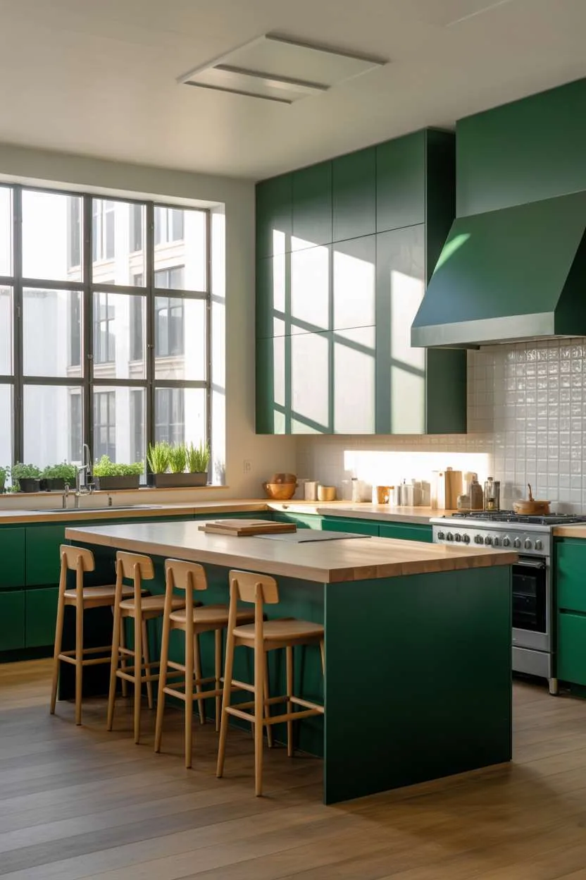 25 Timeless Wood Kitchen Ideas to Elevate Everyday Living 20 Spacious modern kitchen with emerald green cabinets, wood countertops, center island, and herb-filled windowsill