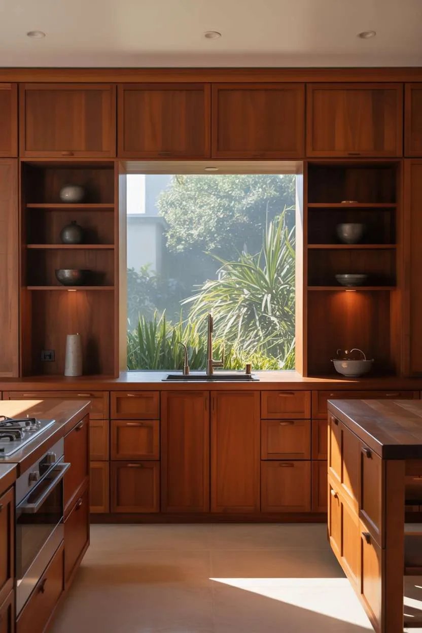 25 Timeless Wood Kitchen Ideas to Elevate Everyday Living 21 Modern cherry wood kitchen with minimalist hardware, recessed lighting, and misty garden views