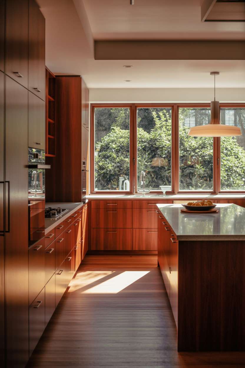 Modern cherry wood kitchen with stainless steel hardware, grey quartz waterfall island, and pendant lamp